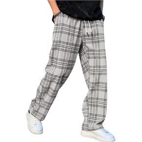 RoseSeek Men's Plaid Pants High Drawstring Waist Trouser Pants Loose Straight Leg Lounge Pants with Pocket