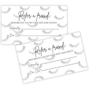 Referral Cards | 50 Pack | Lash Extension Artists | One Sided Referral Discount Card | 2x3.5" inches Business Sized Cards | Lash Supplies | White Card with Lash Design