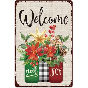 Whaline Retro Tin Sign Valentine's Day Rose Flower Mason Jar Metal Sign Red Floral Wall Art Decor Welcome Holiday Decor Iron Plaque Sign for Club Bar Garage Wall Decor, 12 x 8 Inch