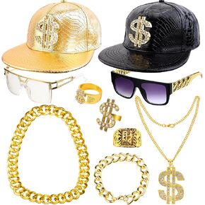 YAROMO 80s 90s Hip Hop Costume Kit, Baseball Cap Punk Sunglasses Rapper Accessories, Faux Gold Rope Chain Bracelet Dollar Sign Chain Ring Halloween Party Decorations