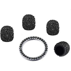 أغطية جذعية صمام الإطارات 4psc+ملصقات حلقية لبدء/إيقاف محركات السيارات 1psc - إكسسوارات تزيين السيارة من حجر الراين الكريستالي اللامع - بلينغ جذاب عالمي للسيارات وسيارات الدفع الرباعي والشاحنات وما إلى ذلك (فضي)