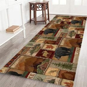 Rustic Cabin Wildlife Long Runner Rug for Hallway,Maple Leaf Bear Moose Deer Country,Area Rug Non-Slip Floor Carpet for Living Room Bedroom Doormat Indoor Entrance Door Mat Washable Kitchen Rugs
