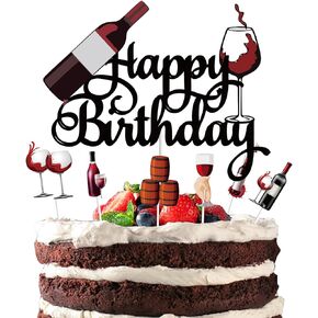 7Pcs Red Wine Happy Birthday Cake Topper Sets Black Glitter Beers Wine Glass Cake Decorations Set Celebrating Cheers to 21 30 40 50 60 Years Theme Birthday Party Supplies Set for Men Women