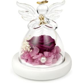 Eternal Rose in Glass Angel Figurines, Romantic Gift for Mother's Day, Preserved Red Rose Forever Flower with Led Light and Wood Base, Wedding Anniversary Birthday Gift for Her in Kuwait