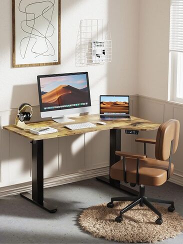 Totnz Electric Standing Desk, Height Adjustable Sit Stand up Desk, L-Shaped Memory Home Office Desk With Hook, 55 x 34 inch, Rustic in Saudi Arabia