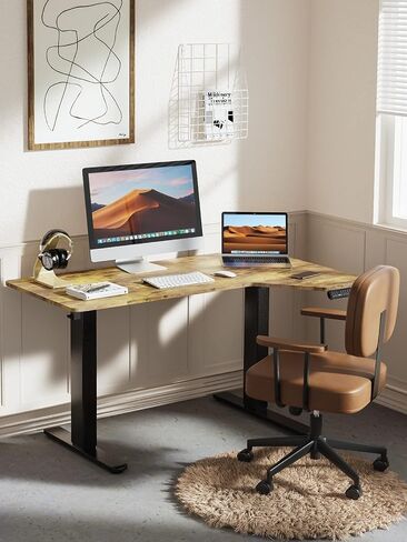 Totnz Electric Standing Desk, Height Adjustable Sit Stand up Desk, L-Shaped Memory Home Office Desk With Hook, 55 x 34 inch, Rustic in Saudi Arabia