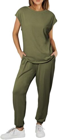 SHEWIN Womens Two Piece Lounge Sets Casual Short Sleeve Pullover Tops Matching Elastic Waist Pants Tracksuit Set in Saudi Arabia