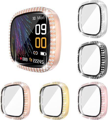 [عبوة من 5 قطع] RICHONE متوافقة مع حافظة ساعة Fitbit Sense وVersa 3، غطاء Bling Diamonds مع واقي شاشة زجاجي مقوى ثلاثي الأبعاد (أسود + فضي + ذهبي + وردي + ذهبي وردي) in Kuwait