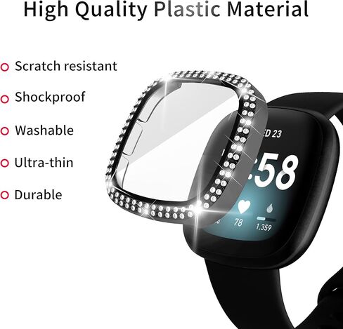 [عبوة من 5 قطع] RICHONE متوافقة مع حافظة ساعة Fitbit Sense وVersa 3، غطاء Bling Diamonds مع واقي شاشة زجاجي مقوى ثلاثي الأبعاد (أسود + فضي + ذهبي + وردي + ذهبي وردي) in Kuwait
