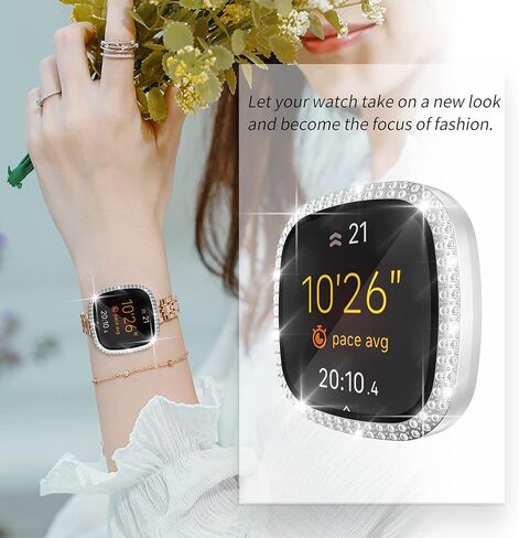 [عبوة من 5 قطع] RICHONE متوافقة مع حافظة ساعة Fitbit Sense وVersa 3، غطاء Bling Diamonds مع واقي شاشة زجاجي مقوى ثلاثي الأبعاد (أسود + فضي + ذهبي + وردي + ذهبي وردي) in Kuwait