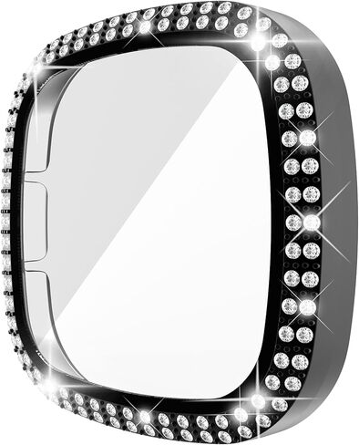 [عبوة من 5 قطع] RICHONE متوافقة مع حافظة ساعة Fitbit Sense وVersa 3، غطاء Bling Diamonds مع واقي شاشة زجاجي مقوى ثلاثي الأبعاد (أسود + فضي + ذهبي + وردي + ذهبي وردي) in Kuwait