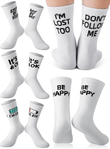 5 Pairs Funny Graphic Socks Adult White Crew Socks for Women Men Novelty Quote Athletic Socks for Sports Shoes Casual Wear in Kuwait