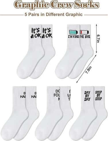 5 Pairs Funny Graphic Socks Adult White Crew Socks for Women Men Novelty Quote Athletic Socks for Sports Shoes Casual Wear in Kuwait
