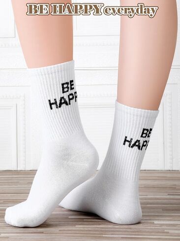 5 Pairs Funny Graphic Socks Adult White Crew Socks for Women Men Novelty Quote Athletic Socks for Sports Shoes Casual Wear in Kuwait