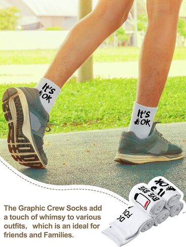 5 Pairs Funny Graphic Socks Adult White Crew Socks for Women Men Novelty Quote Athletic Socks for Sports Shoes Casual Wear in Kuwait