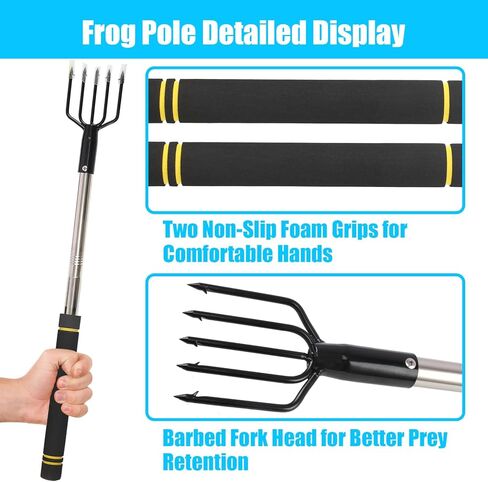 Frebuta Frog Gigging Pole، من 2 إلى 6 أقدام لصيد السمك مع شائكة 5 شقوق حربة من الفولاذ المقاوم للصدأ، عمود تمديد السمك المفلطح، مقبض طويل مع مقبض إسفنجي للصيد، رماح الضفدع، خطاف صيد قوي in Kuwait