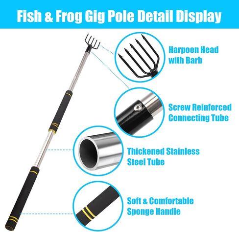Frebuta Frog Gigging Pole، من 2 إلى 6 أقدام لصيد السمك مع شائكة 5 شقوق حربة من الفولاذ المقاوم للصدأ، عمود تمديد السمك المفلطح، مقبض طويل مع مقبض إسفنجي للصيد، رماح الضفدع، خطاف صيد قوي in Kuwait