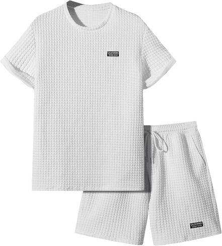 OYOANGLE Men's 2 Piece Outfit Letter Patched Short Sleeve Round Neck Tee Shirt and Drawstring Waist Shorts Set in Saudi Arabia