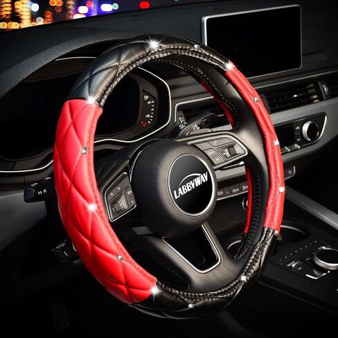 LABBYWAY Diamond Leather Steering Wheel Cover with Bling Bling Crystal Rhinestones, Universal Fit 15 Inch Car Steering Wheel Cover for Women Men Girls, Anti-Slip, Black in Saudi Arabia