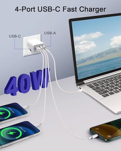 40W 4-Port USB C Charger Block Wall Charger Fast Charging Dual Port PD Power Adapter+QC Double Wall Plug Multiport Type C Brick Charger for iPhone 15 14 13 12 11 Pro Max XS XR X,Samsung in Saudi Arabia