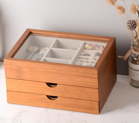 Jewelry Box with Glass Lid, 2 Layer Jewelry Organizer for Women, Solid Wooden Jewelry Box Display for Ring Earrings Necklace Bracelet, Pine Wood Jewelry Boxes Vintage Style for Gifts in Saudi Arabia