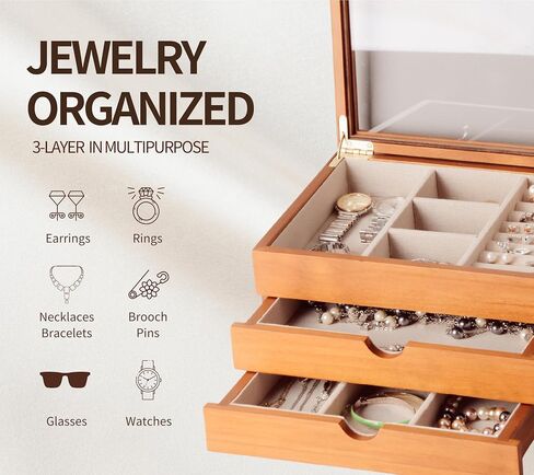 Jewelry Box with Glass Lid, 2 Layer Jewelry Organizer for Women, Solid Wooden Jewelry Box Display for Ring Earrings Necklace Bracelet, Pine Wood Jewelry Boxes Vintage Style for Gifts in Saudi Arabia