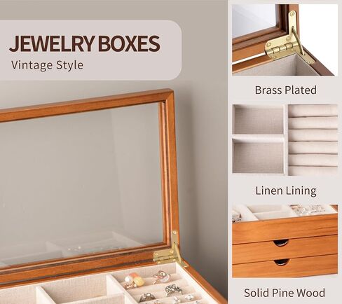 Jewelry Box with Glass Lid, 2 Layer Jewelry Organizer for Women, Solid Wooden Jewelry Box Display for Ring Earrings Necklace Bracelet, Pine Wood Jewelry Boxes Vintage Style for Gifts in Saudi Arabia