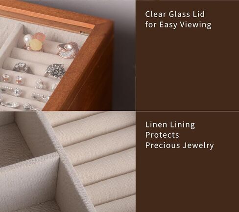 Jewelry Box with Glass Lid, 2 Layer Jewelry Organizer for Women, Solid Wooden Jewelry Box Display for Ring Earrings Necklace Bracelet, Pine Wood Jewelry Boxes Vintage Style for Gifts in Saudi Arabia