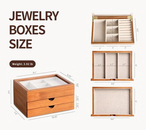Jewelry Box with Glass Lid, 2 Layer Jewelry Organizer for Women, Solid Wooden Jewelry Box Display for Ring Earrings Necklace Bracelet, Pine Wood Jewelry Boxes Vintage Style for Gifts in Saudi Arabia