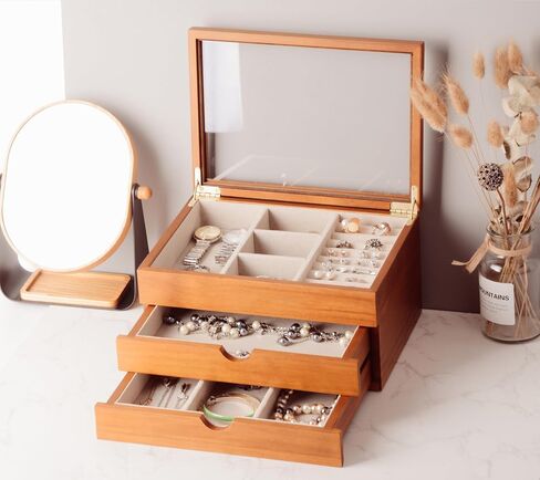 Jewelry Box with Glass Lid, 2 Layer Jewelry Organizer for Women, Solid Wooden Jewelry Box Display for Ring Earrings Necklace Bracelet, Pine Wood Jewelry Boxes Vintage Style for Gifts in Saudi Arabia