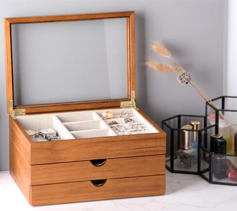 Jewelry Box with Glass Lid, 2 Layer Jewelry Organizer for Women, Solid Wooden Jewelry Box Display for Ring Earrings Necklace Bracelet, Pine Wood Jewelry Boxes Vintage Style for Gifts in Saudi Arabia