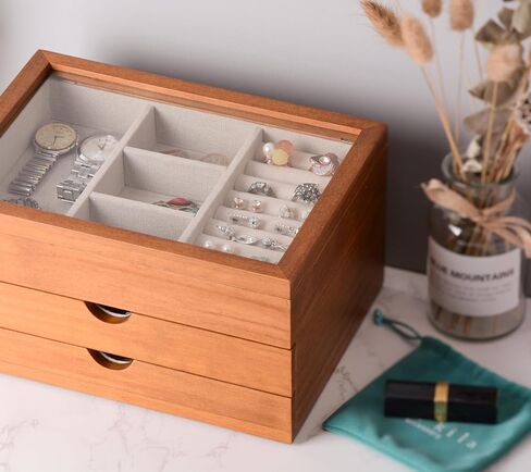 Jewelry Box with Glass Lid, 2 Layer Jewelry Organizer for Women, Solid Wooden Jewelry Box Display for Ring Earrings Necklace Bracelet, Pine Wood Jewelry Boxes Vintage Style for Gifts in Saudi Arabia