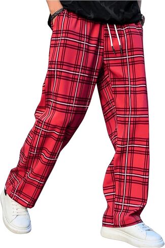 RoseSeek Men's Plaid Pants High Drawstring Waist Trouser Pants Loose Straight Leg Lounge Pants with Pocket in Saudi Arabia