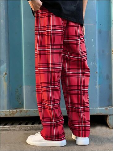 RoseSeek Men's Plaid Pants High Drawstring Waist Trouser Pants Loose Straight Leg Lounge Pants with Pocket in Saudi Arabia