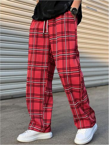 RoseSeek Men's Plaid Pants High Drawstring Waist Trouser Pants Loose Straight Leg Lounge Pants with Pocket in Saudi Arabia