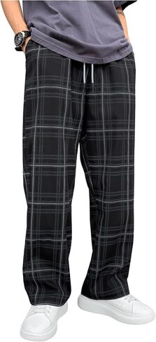 RoseSeek Men's Plaid Pants High Drawstring Waist Trouser Pants Loose Straight Leg Lounge Pants with Pocket in Saudi Arabia