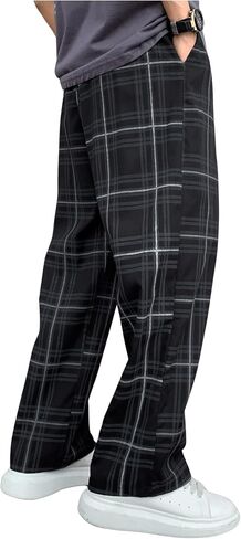 RoseSeek Men's Plaid Pants High Drawstring Waist Trouser Pants Loose Straight Leg Lounge Pants with Pocket in Saudi Arabia