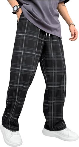 RoseSeek Men's Plaid Pants High Drawstring Waist Trouser Pants Loose Straight Leg Lounge Pants with Pocket in Saudi Arabia