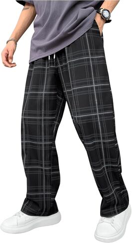 RoseSeek Men's Plaid Pants High Drawstring Waist Trouser Pants Loose Straight Leg Lounge Pants with Pocket in Saudi Arabia