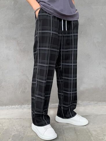 RoseSeek Men's Plaid Pants High Drawstring Waist Trouser Pants Loose Straight Leg Lounge Pants with Pocket in Saudi Arabia