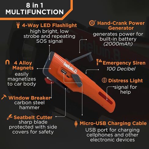 KELVIN 8 Automotive Emergency Tool 8: Power Generator with USB Powerbank, Razor Sharp Seat Belt Cutter, Car Flashlight Emergency Kit, Safety Window Hammer, & 100 db Emergency Siren - Black in Saudi Arabia
