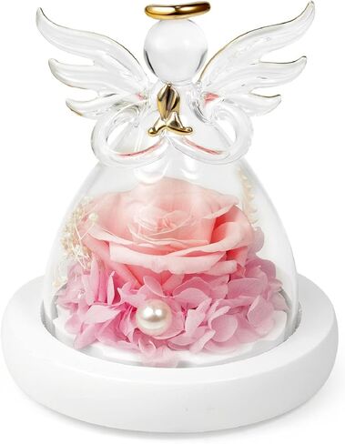 Eternal Rose in Glass Angel Figurines, Romantic Gift for Mother's Day, Preserved Red Rose Forever Flower with Led Light and Wood Base, Wedding Anniversary Birthday Gift for Her in Saudi Arabia