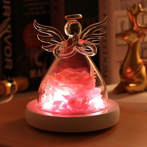 Eternal Rose in Glass Angel Figurines, Romantic Gift for Mother's Day, Preserved Red Rose Forever Flower with Led Light and Wood Base, Wedding Anniversary Birthday Gift for Her in Saudi Arabia