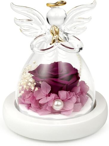 Eternal Rose in Glass Angel Figurines, Romantic Gift for Mother's Day, Preserved Red Rose Forever Flower with Led Light and Wood Base, Wedding Anniversary Birthday Gift for Her in Kuwait