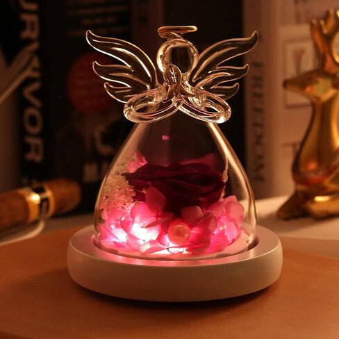 Eternal Rose in Glass Angel Figurines, Romantic Gift for Mother's Day, Preserved Red Rose Forever Flower with Led Light and Wood Base, Wedding Anniversary Birthday Gift for Her in Kuwait