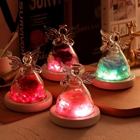 Eternal Rose in Glass Angel Figurines, Romantic Gift for Mother's Day, Preserved Red Rose Forever Flower with Led Light and Wood Base, Wedding Anniversary Birthday Gift for Her in Kuwait