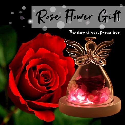 Eternal Rose in Glass Angel Figurines, Romantic Gift for Mother's Day, Preserved Red Rose Forever Flower with Led Light and Wood Base, Wedding Anniversary Birthday Gift for Her in Kuwait