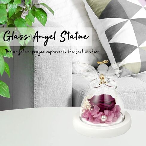 Eternal Rose in Glass Angel Figurines, Romantic Gift for Mother's Day, Preserved Red Rose Forever Flower with Led Light and Wood Base, Wedding Anniversary Birthday Gift for Her in Kuwait