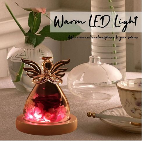 Eternal Rose in Glass Angel Figurines, Romantic Gift for Mother's Day, Preserved Red Rose Forever Flower with Led Light and Wood Base, Wedding Anniversary Birthday Gift for Her in Kuwait
