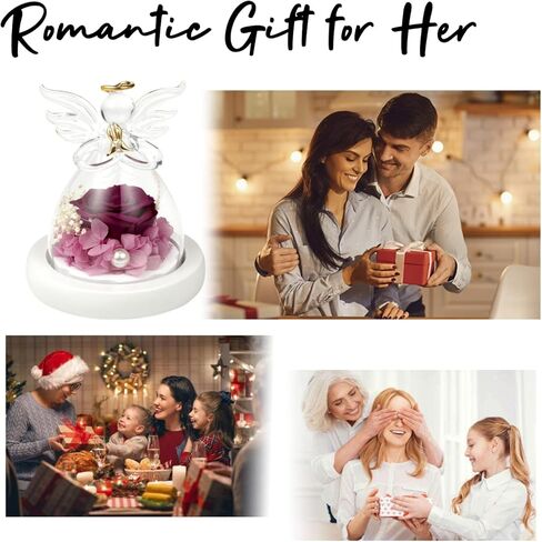 Eternal Rose in Glass Angel Figurines, Romantic Gift for Mother's Day, Preserved Red Rose Forever Flower with Led Light and Wood Base, Wedding Anniversary Birthday Gift for Her in Kuwait